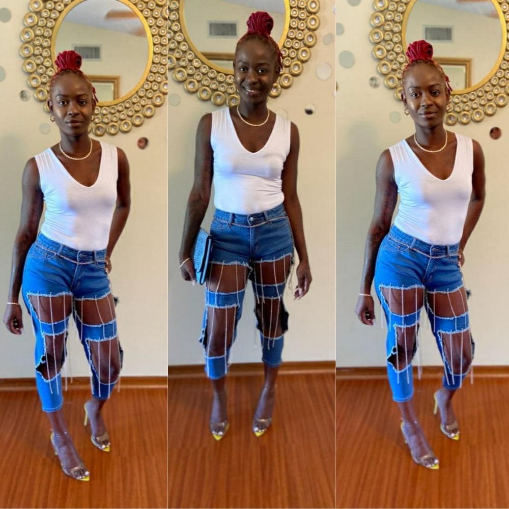 Distressed Rhinestone Jeans- Fringed Denim